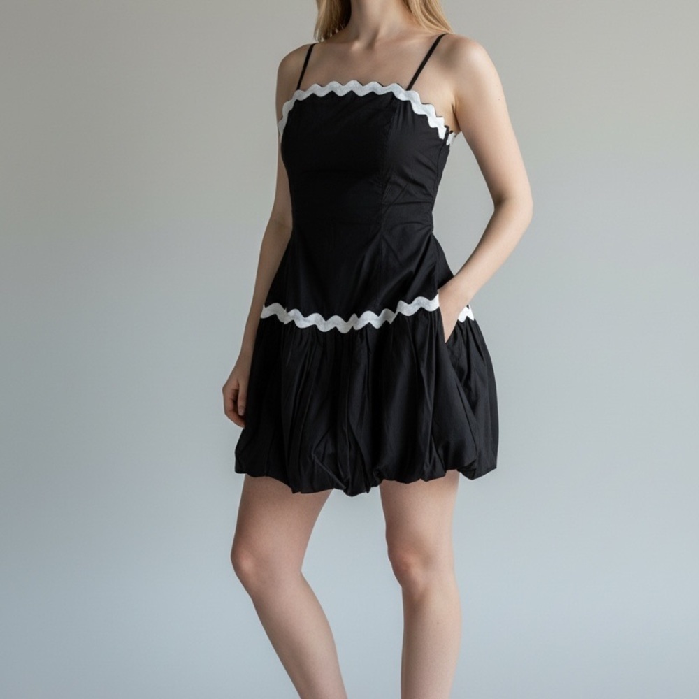 🖤 Lulu's Black Mini Dress with White Accents - Picture 2 of 2